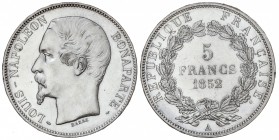 5 Francos. 1852-A. LUIS NAPOLEÓN BONAPARTE. PARÍS. AR. (Pequeños golpecitos). KM-773.1. EBC-.