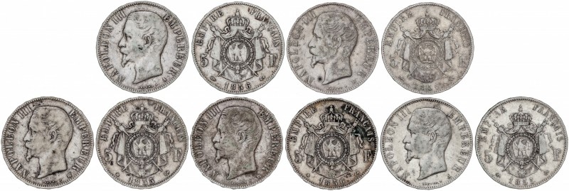 Lote 5 monedas 5 Francos. 1855-A, BB y 1856-A, BB, D. NAPOLEÓN III. ESTRASBURGO ...