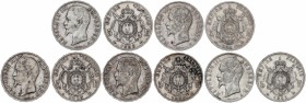 Lote 5 monedas 5 Francos. 1855-A, BB y 1856-A, BB, D. NAPOLEÓN III. ESTRASBURGO (2), LYON (2) y PARÍS. AR. A EXAMINAR. KM-782.1 (2), 782.2 (2), 782.3....