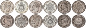 Lote 6 monedas 5 Francos. 1852-A, 1855-BB, 1856-A, 1867-A, 1868-BB y 1869-BB. LUIS NAPOLEÓN y NAPOLEÓN III. ESTRASBURGO (4) y PARÍS (2). AR. KM-773.1,...