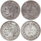 Lote 2 monedas 5 Francos. 1870-A. III REPÚBLICA. PARÍS. AR. A EXAMINAR. KM-818.1. MBC-.