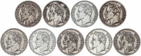 Lote 9 monedas 5 Francos. 1867 a 1870- A (5) y BB (4). NAPOLEÓN III. ESTRASBURGO (4) y PARÍS (5). AR. Dos de 1870-A. A EXAMINAR. KM-799.1 (5), 799.2 (...