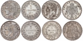 Lote 4 monedas 5 Francos. 1870-BB, K, 1871-K y 1873-A. NAPOLEÓN III y III REPÚBLICA. BURDEOS (2), ESTRASBURGO y PARÍS. AR. (Una con restos de soldadur...