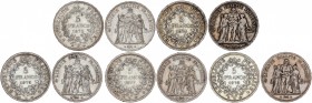 Lote 5 monedas 5 Francos. 1874-K, 1875-K, 1876-A, 1877-K, 1878-K. III REPÚBLICA. BURDEOS (4) y PARÍS. AR. KM-820.1, 820.2. MBC a EBC-.