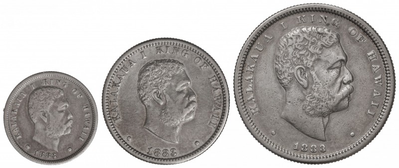 Lote 3 monedas 1 Dime, 1/4 y 1/2 Dólar. 1883. KALAKAUA I. AR. A EXAMINAR. ESCASA...