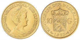 10 Gulden. 1913. GUILLERMINA. 6,70 grs. AU. (Pequeñas rayitas). Fr-349; KM-149. EBC.