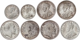 Lote 8 monedas 1/2 (2) y 1 Rupia (6). 1904 a 1936. EDUARDO VII y JORGE V. AR. A EXAMINAR. KM-508 (2), 522 (2), 524 (4). MBC- a EBC-.