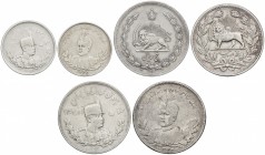 Lote 6 monedas 2 Kran (2), 5 Rials, 5 Kran (3). 1902 a 1927. AR. A EXAMINAR. KM-976, 1057, 1058, 1104, 1106, 1131. MBC- a EBC.