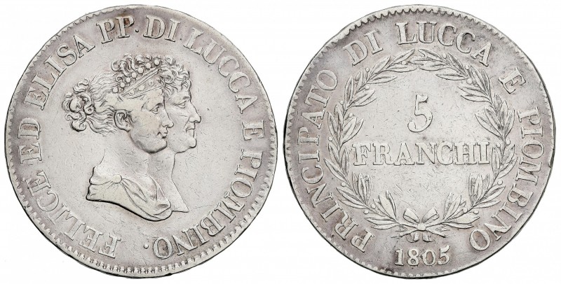 5 Franchi. 1805. FÉLIX y ELISA. LUCCA. 24,79 grs. AR. Bustos pequeños. (Pequeños...