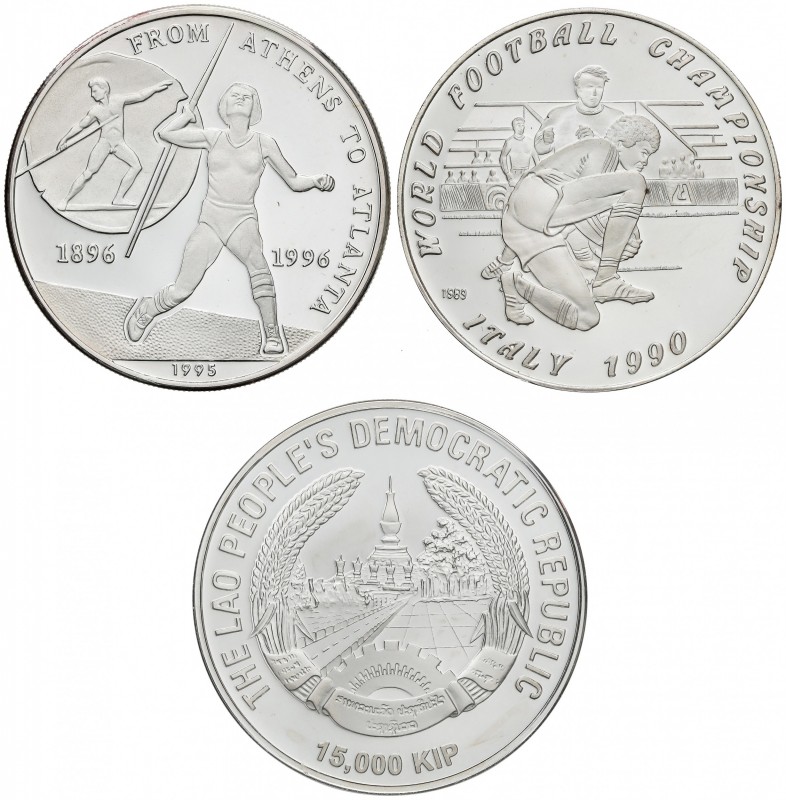 Lote 3 monedas 50 (2), 15.000 Kip. 1990, 1996, 2006. AR. Mundial de Fútbol Itali...