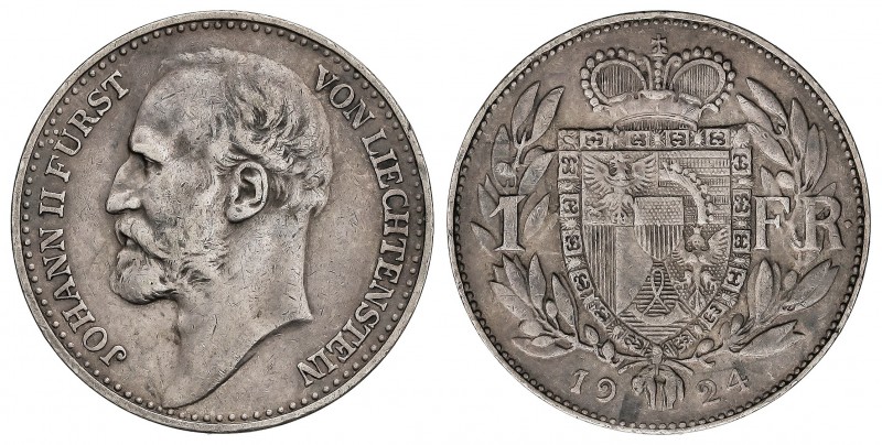 1 Franco. 1924. JUAN II. 4,98 grs. AR. Pátina. ESCASA. KM-Y-9. MBC.