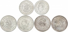 Lote 3 monedas 5 (2), 10 Pesos. 1950, 57. AR. Inauguración del Ferrocarril del Sureste y Centenario Constitución. KM-466, 470, 475. MBC+ a EBC.