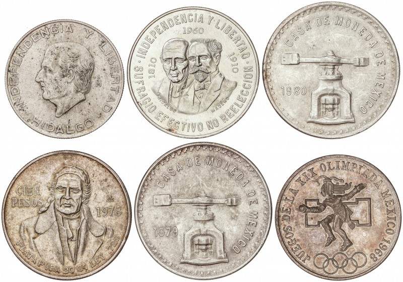 Lote 6 monedas 5, 10, 25, 100 Pesos y Onza Troy (2). 1956 a 1980. AR. 5 Pesos 19...