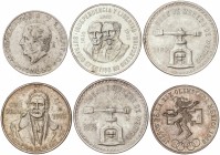 Lote 6 monedas 5, 10, 25, 100 Pesos y Onza Troy (2). 1956 a 1980. AR. 5 Pesos 1956, 10 Pesos 1960, 25 Pesos 1968, 100 Pesos 1978 y Onza Troy 1979 y 19...