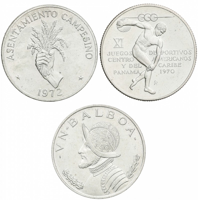 Lote 3 monedas 1 y 5 Balboas (2). AR. 1 Balboa 1966, Vasco Nuñez de Balboa; 5 Ba...