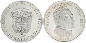 20 Balboas. 1973. 130 grs. AR. Simón Bolívar. PROOF.