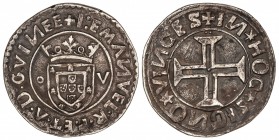 Tostao. MANUEL I (1495-1521). Anv.: Roel-escudo-V. Rev.: Dos puntos encima de cruz, sin estrellas en espacios del campo. 9,45 grs. AR. RARA. Gomes-No ...