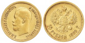 10 Rublos. 1899-AG. NICOLÁS II. 8,56 grs. AU. Ensayador: A¶. (Insignificante golpecito en gráfila). Fr-179; Y-64. MBC+.