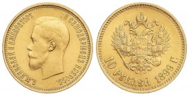 10 Rublos. 1899-G. NICOLÁS II. AG. 8,57 grs. AU. Ensayador: A¶. Fr-179; Y-64. MBC+.