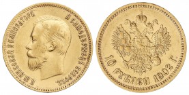 10 Rublos. 1902-G AP. NICOLÁS II. 8,57 grs. AU. Ensayador: A¶. Fr-179; Y-64. MBC+.