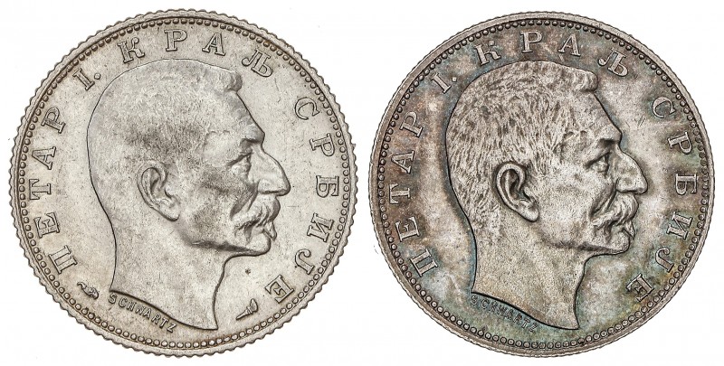 Lote 2 monedas 1 Dinar. 1912 y 1915. PEDRO I. AR. 1912 tipo medalla y 1915 tipo ...