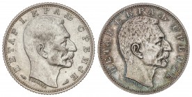 Lote 2 monedas 1 Dinar. 1912 y 1915. PEDRO I. AR. 1912 tipo medalla y 1915 tipo moneda con grabador. KM-25.1, 25.3. EBC-.
