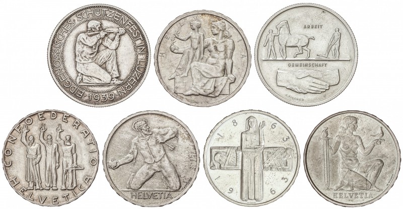 Lote 6 monedas 5 Francos. 1936, 1939 (2), 1941, 1944, 1948 y 1963. BERNA. AR. Fo...