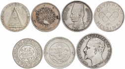 Lote 7 monedas. 1852, 1894, 1927, 1935, 1952. AUSTRIA, BULGARIA, BURMA, CHINA, EGIPTO, FINLANDIA, INDIA. AR. 5 Schilling Mariazel, Rupia Pavo Real, 5 ...