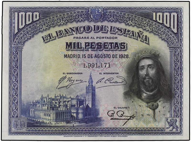 1.000 Pesetas. 15 Agosto 1928. San Fernando. (Pequeña doblez en esquina). Ed-357...