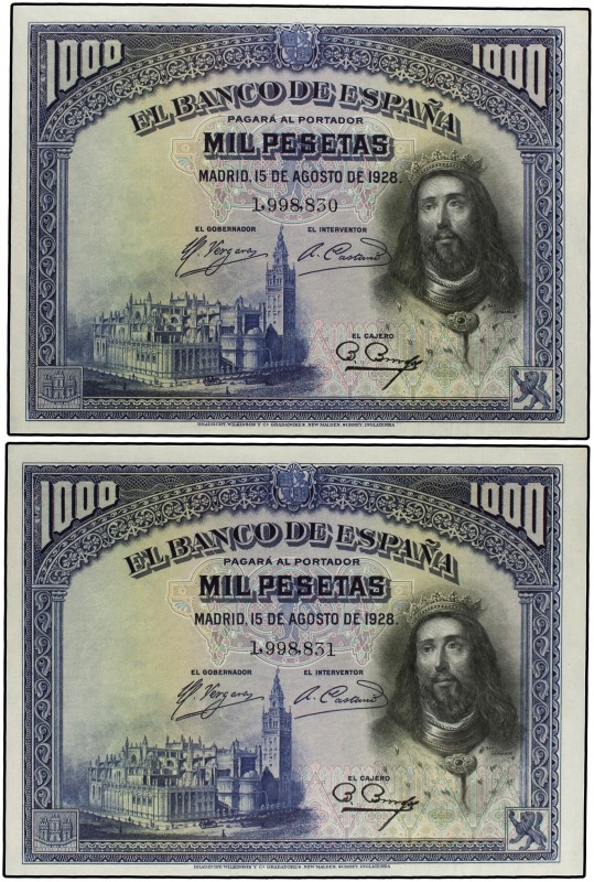 Lote 2 billetes 1.000 Pesetas. 15 Agosto 1928. San Fernando. Pareja correlativa....