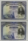 Lote 2 billetes 1.000 Pesetas. 15 Agosto 1928. San Fernando. Pareja correlativa. (Arruguita y leve manchita en esquina). Ed-357. SC.