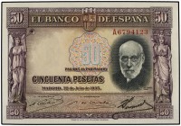 50 Pesetas. 22 Julio 1935. Ramón y Cajal. Serie A. (Arruguita). Ed-366a. SC.