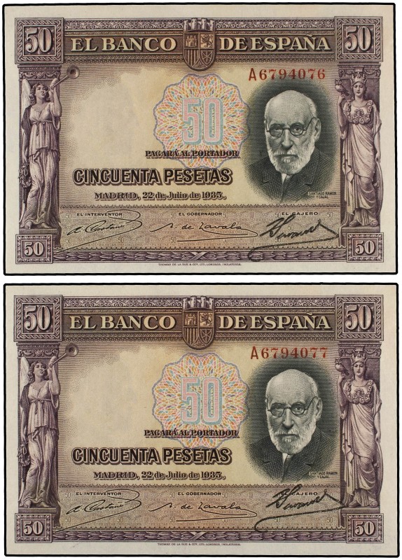 Lote 2 billetes 50 Pesetas. 22 Julio 1935. Ramón y Cajal. Serie A. Pareja correl...