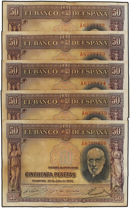 Lote 5 billetes 50 Pesetas. 22 Julio 1935. Ramón y Cajal. Serie A. (Manchas y on...