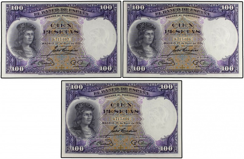 Lote 3 billetes 100 Pesetas. 25 Abril 1931. Fernández de Córdoba. Trío correlati...