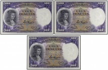 Lote 3 billetes 100 Pesetas. 25 Abril 1931. Fernández de Córdoba. Trío correlativo. (Arruguitas en margen). Ed-360. SC- a SC.