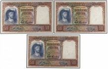 Lote 3 billetes 500 Pesetas. 25 Abril 1931. Elcano. Trío correlativo. (Arruguitas). Ed-361. SC.