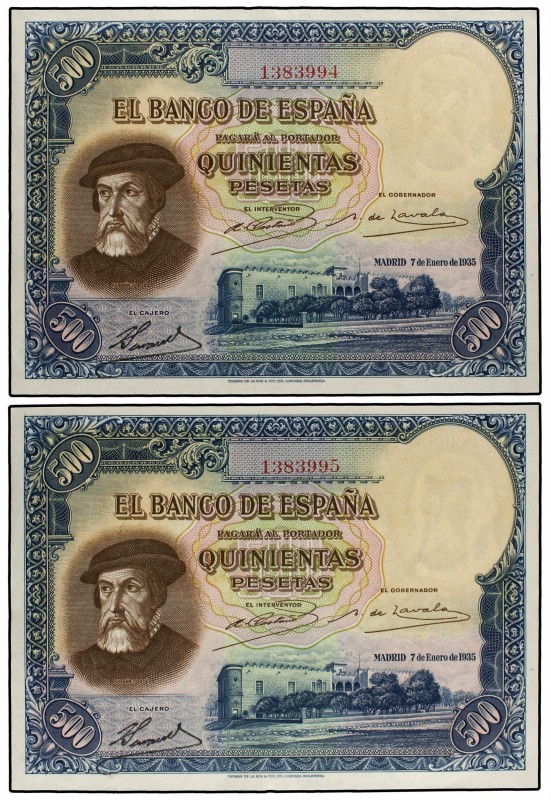 Lote 2 billetes 500 Pesetas. 7 Enero 1937. Hernán Cortés. Pareja correlativa. (P...