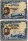 Lote 2 billetes 500 Pesetas. 7 Enero 1937. Hernán Cortés. Pareja correlativa. (Pequeñas arrugas). Ed-365. EBC-.