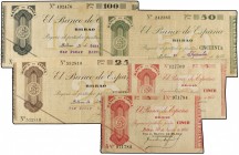 Lote 2 series 5 billetes 5 a 100 Pesetas. 1936 y 1 Enero 1937. EL BANCO DE ESPAÑA. BILBAO. Una serie 5 billetes 5 (2), 25, 50 y 100 Pesetas. La otra s...