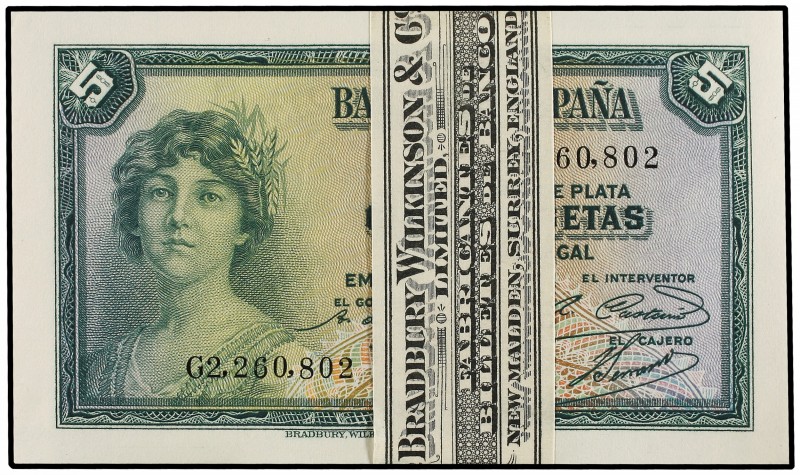 Lote 99 billetes 5 Pesetas. Emisión 1935. Certificado de Plata. Serie G, jamás c...