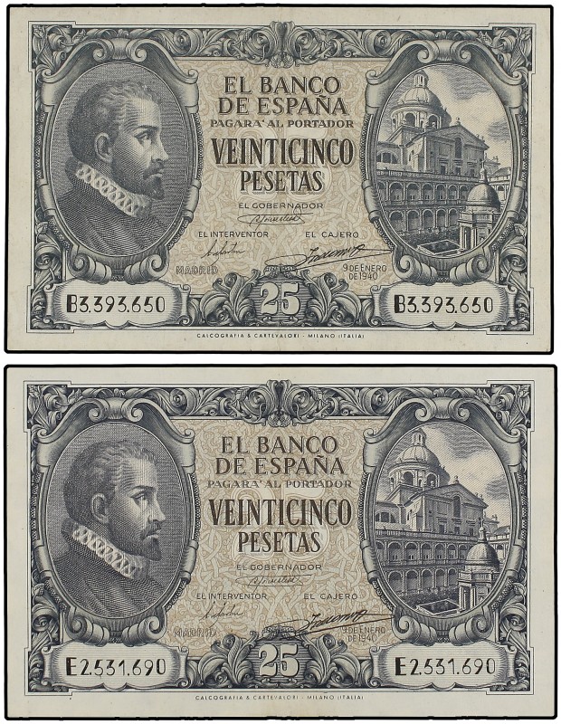 Lote 2 billetes 25 Pesetas. 9 Enero 1940. Herrera. Series B y E. Ed-436a. EBC-.