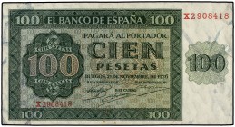 Lote 13 billetes 100 (5), 500 (4) y 1.000 Pesetas (4). 1936 a 1971. Incluye: 100 Pesetas: 1936 Catedral de Burgos Serie X, 1948 Bayeu Serie G, 1953 Ro...