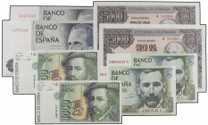 Lote 8 billetes 1.000 (4), 5.000 (2) y 10.000 Pesetas (2). 1976, 1979, 1985 y 1992. Incluye: 1.000 Pesetas 1979 Pérez Galdós Serie J pareja correlativ...