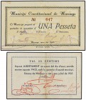 Lote 2 billetes 25 Cèntims y 1 Pesseta. Març y 29 Juliol 1937. Aj. y MUNICIPI CONSTITUCIONAL DE MORUNYS. Cartulina. RAROS. AT-1630, 1632. MBC+ y EBC-....