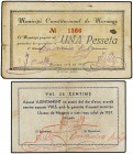 Lote 2 billetes 25 Cèntims y 1 Pesseta. Març y 29 Juliol 1937. Aj. y MUNICIPI CONSTITUCIONAL DE MORUNYS. Cartulina. 1 Pesseta: firma estampada en rojo...
