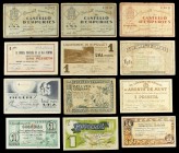 Lote 18 billetes y 8 fichas. Pesseta. 1937. C.M. d´ARENYS DE MUNT. Conjunto final de colección, los billetes locales de varias localidades catalanas, ...