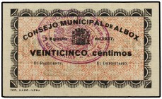 25 Céntimos. Agosto 1937. C.M. de ALBOX (Almería). Mont-63E; RGH-238. EBC.