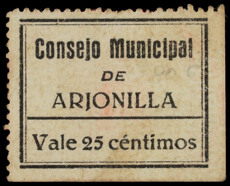 25 Céntimos. C.M. de ARJONILLA (Jaén). Cartón en negro. Sello del Ayuntamiento a...