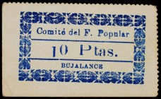 10 Pesetas. BUJALANCE (Córdoba). COMITÉ DEL FRENTE POPULAR. Cartón. Sello del Ayuntamiento al dorso. GH-1305. EBC+.